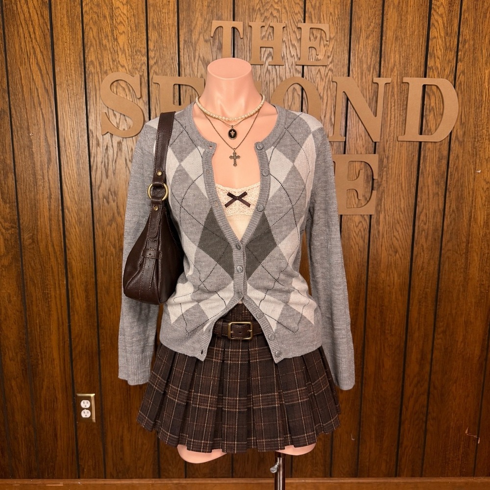 Grey Argyle Cardigan Sweater Croft & Barrow Women M Preppy Dark Academia Twee